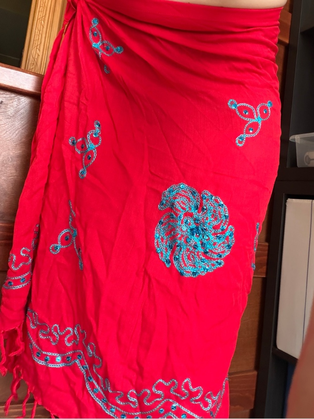 UCHO BALI -Red Embroidered Beach Sarong Wrap With sequins/Bottom fringe One size